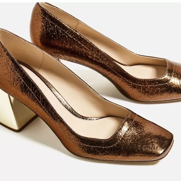 Zara Bronze Metallic Block Heel Pumps Square Toe - Picture 3 of 7